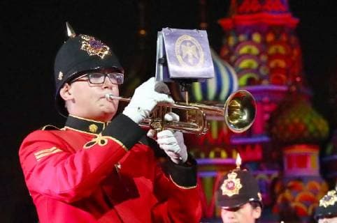 MOSCOW, RUSSIA â€“ AUGUST 24, 2018: Members of the Brentwood Imperial Youth Band perform at the opening of the 2018 Spasskaya Tower International Military Music Festival, in Moscow s Red Square. Anton Novoderezhkin TASS  TS08DEE6