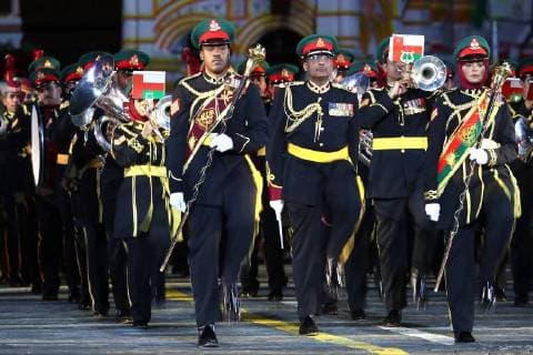 MOSCOW, RUSSIA â€“ AUGUST 24, 2018: Members of the Military Band of the Royal Guards of Oman perform at the opening of the 2018 Spasskaya Tower International Military Music Festival, in Moscow s Red Square. Anton Novoderezhkin TASS  TS08DEE9