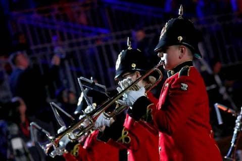 MOSCOW, RUSSIA â€“ AUGUST 24, 2018: Members of the Brentwood Imperial Youth Band perform at the opening of the 2018 Spasskaya Tower International Military Music Festival, in Moscow s Red Square. Anton Novoderezhkin TASS  TS08DEF9