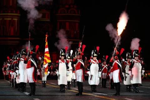MOSCOW, RUSSIA â€“ AUGUST 24, 2018: Members of the Vieux Grenadiers of Geneva company perform at the opening of the 2018 Spasskaya Tower International Military Music Festival, in Moscow s Red Square. Anton Novoderezhkin TASS  TS08DEFD