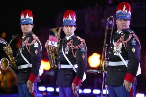 MOSCOW, RUSSIA â€“ AUGUST 24, 2018: Members of the Prince s Band of Carabiniers of Monaco perform at the opening of the 2018 Spasskaya Tower International Military Music Festival, in Moscow s Red Square. Anton Novoderezhkin TASS  TS08DF01