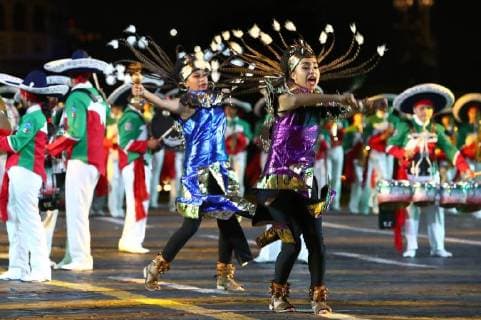 MOSCOW, RUSSIA â€“ AUGUST 24, 2018: Members of the Banda Monumental de Mexico perform at the opening of the 2018 Spasskaya Tower International Military Music Festival, in Moscow s Red Square. Anton Novoderezhkin TASS  TS08DF06