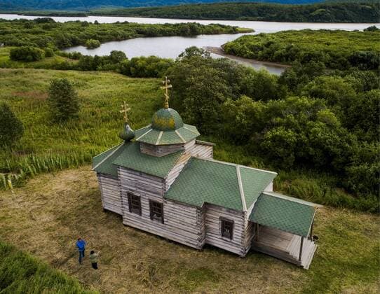 KAMCHATKA, RUSSIA - AUGUST 22, 2018: A view of the 18th-century Church of the Assumption at Nizhnekamchatsky Ostrog fortress , the oldest Orthodox church on the Kamchatka Peninsula, where the First Kamchatka Expedition led by Vitus Bering, set off from in 1728. Yuri Smityuk TASS  TS08DF25