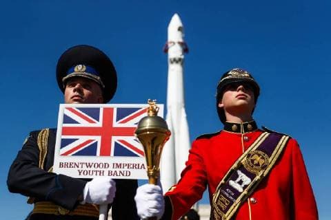 MOSCOW, RUSSIA - AUGUST 25, 2018: Members of Britainâ€™s Brentwood Imperial Youth Band participating in the 2018 Spasskaya Tower International Military Music Festival, parade the VDNKh Exhibition Centre area in northeastern Moscow. Stanislav Krasilnikov TASS  TS08DF86