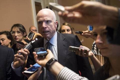 In this july 13, 2017 file photo, Sen. John McCain, R-AZ, speaks with reporters as he leaves a Republican caucus meeting on the GOP Health Care bill, on Capitol Hill in Washington, D.C. on July 13, 2017. Senator McCain died August 28, 2018 at the age of 81.  WAX20180825206 KEVINxDIETSCH