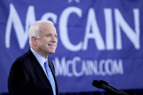 In this April 15, 2008 file photo, Republican presidential candidate Sen. John McCain smiles as he pauses during his address to students and supporters in the Wiegand Gymnasium on the campus of Carnegie Mellon University in Pittsburgh, Pennsylvania. Senator McCain died August 28, 2018 at the age of 81.  WAX20180825217 ARCHIExCARPENTER