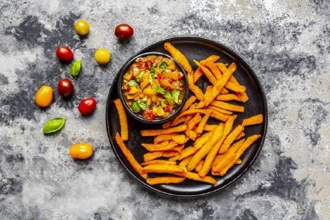 Homemade sweet potato fries and bowl of tomato basil dip  SARF03846