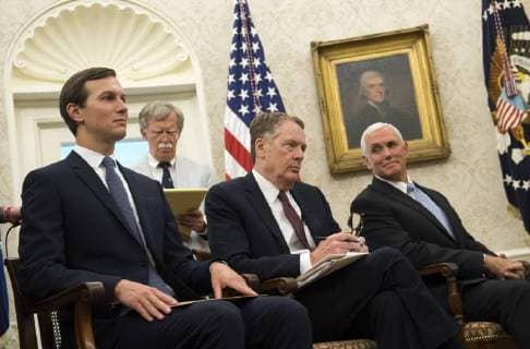 Presidential Advisor and son in-law Jared Kusher, National Security Advisor John Bolton, United States Trade Representative Robert Lighthizer and Vice President Mike Pence, listen as President Donald Trump speaks on a conference call with Mexican President Enrique Pena Nieto, as Trump announces a revised trade deal with Mexico he called the United States-Mexico trade agreement, in the Oval Office at the White House in Washington, D.C. on August 27, 2018. The two countries said they have revise key portions of their trade policies set up by the the North American Free Trade Agreement (NAFTA) and said Canada can join later in their deal.  WAP20180827319 KEVINxDIETSCH