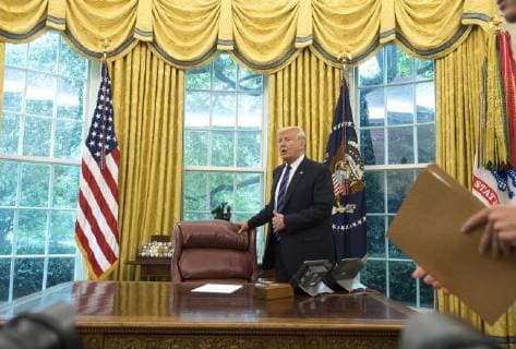 President Donald Trump arrives for a conference call with Mexican President Enrique Pena Nieto, as Trump announces a revised trade deal with Mexico he called the United States-Mexico trade agreement, in the Oval Office at the White House in Washington, D.C. on August 27, 2018. The two countries said they have revise key portions of their trade policies set up by the the North American Free Trade Agreement (NAFTA) and said Canada can join later in their deal.  WAP20180827328 KEVINxDIETSCH