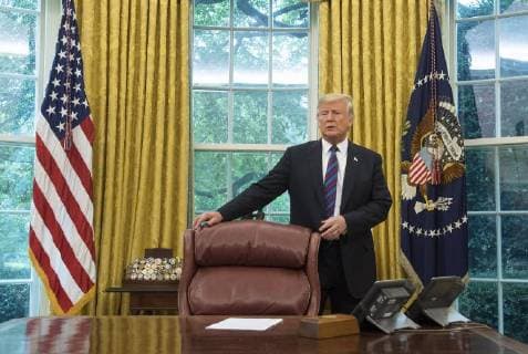 President Donald Trump arrives for a conference call with Mexican President Enrique Pena Nieto, as Trump announces a revised trade deal with Mexico he called the United States-Mexico trade agreement, in the Oval Office at the White House in Washington, D.C. on August 27, 2018. The two countries said they have revise key portions of their trade policies set up by the the North American Free Trade Agreement (NAFTA) and said Canada can join later in their deal.  WAP20180827329 KEVINxDIETSCH
