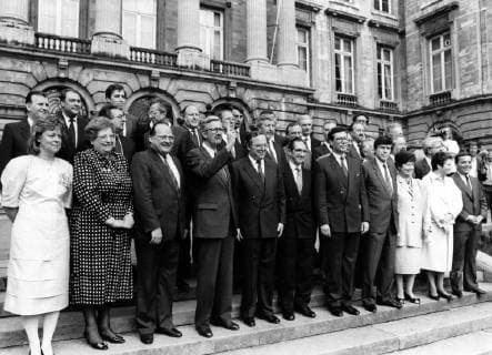 - BRUSSELS, BELGIUM (FILE) : This file picture dated 9 May 1988 is about Government Martens VIII members presentation (1988-1991). We can see Wilfried Martens Prime Minister, Philippe Moureaux Minister of Institutional Reformations and Minister of Brussels Region, Willy Claes Minister of Economic Affairs, Jean-Luc Dehaene Minister of Transport, Melchior Wathelet Minister of Justice and Middle Classes, Hugo Schiltz Minister of Budget, Leo Tindemans Minister of Foreign Relations, Philippe Maystadt Minister of Finances, Robert Urbain Minister of Foreign Trade, Michel Hansenne Minister of Civil Service, Freddy Willockx Minister of Post, Telephony and Telegraph Services, Philippe Busquin Minister of Social Affairs, Guy Coeme Minister of Defence, Paula D Hondt-Van Opdenbosch Minister of Public Works, Louis Tobback Minister of Interior, Yvan Yl  x37768810x