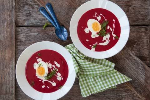 Homemade beetroot soup with dill and creme fraiche Red beet soup with creme fraiche  1079705149