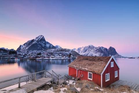 Sunset on fishermen s cabin (Rorbu), Reine, Lofoten Islands, Nordland, Norway, Europe Copyright: RobertoxMoiola 1179-3339