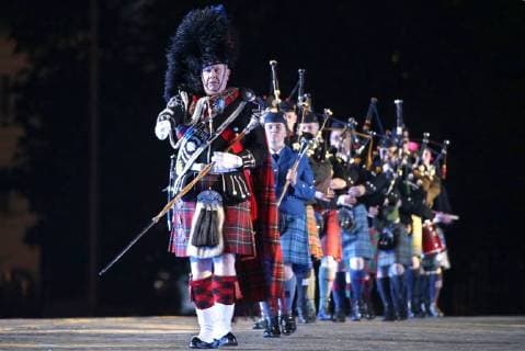 MOSCOW, RUSSIA â€“ AUGUST 31, 2018: Members of the Celtic Massed Pipes and Drums Band perform at 2018 Spasskaya Tower International Military Music Festival, in Moscow s Red Square. Marina Lystseva TASS  TS08E942