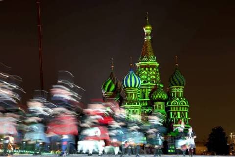 MOSCOW, RUSSIA â€“ AUGUST 31, 2018: Members of the Celtic Massed Pipes and Drums Band perform at 2018 Spasskaya Tower International Military Music Festival, in Moscow s Red Square. Pictured in the background is St Basil s Cathedral. Marina Lystseva TASS  TS08E943