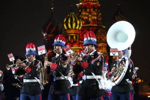 MOSCOW, RUSSIA â€“ AUGUST 31, 2018: Members of the Military Band of the Royal Guards of Oman perform at 2018 Spasskaya Tower International Military Music Festival, in Moscow s Red Square. Marina Lystseva TASS  TS08E945