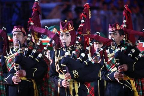 MOSCOW, RUSSIA â€“ AUGUST 31, 2018: Members of the Military Band of the Royal Guards of Oman and the Special Arts Troupe perform at 2018 Spasskaya Tower International Military Music Festival, in Moscow s Red Square. Marina Lystseva TASS  TS08E94E