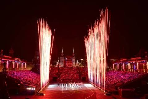 MOSCOW, RUSSIA â€“ AUGUST 31, 2018: Fireworks at 2018 Spasskaya Tower International Military Music Festival, in Moscow s Red Square. Tatyana Belyakova TASS  TS08E972