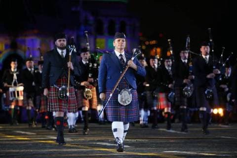 MOSCOW, RUSSIA â€“ AUGUST 31, 2018: Members of the Celtic Massed Pipes and Drums Band perform at 2018 Spasskaya Tower International Military Music Festival, in Moscow s Red Square. Marina Lystseva TASS  TS08E97F