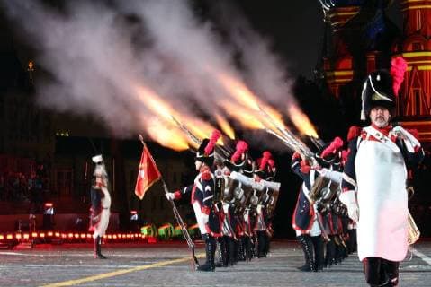 MOSCOW, RUSSIA â€“ AUGUST 31, 2018: Members of the Vieux Grenadiers of Geneva company perform at the 2018 Spasskaya Tower International Military Music Festival, in Moscow s Red Square. Marina Lystseva TASS  TS08E981