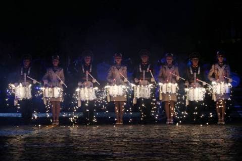 MOSCOW, RUSSIA â€“ AUGUST 31, 2018: Drummers perform the 2018 Spasskaya Tower International Military Music Festival, in Moscow s Red Square. Marina Lystseva TASS  TS08E988