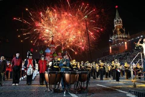 MOSCOW, RUSSIA â€“ AUGUST 31, 2018: Fireworks light up the sky during the 2018 Spasskaya Tower International Military Music Festival, in Moscow s Red Square. Marina Lystseva TASS  TS08E98A