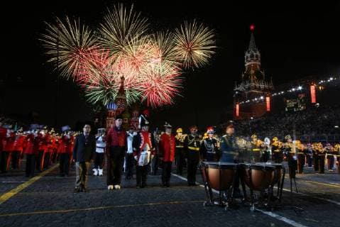 MOSCOW, RUSSIA â€“ AUGUST 31, 2018: Fireworks light up the sky during the 2018 Spasskaya Tower International Military Music Festival, in Moscow s Red Square. Marina Lystseva TASS  TS08E98E