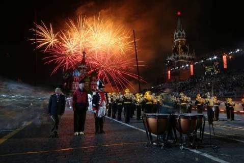 MOSCOW, RUSSIA â€“ AUGUST 31, 2018: Fireworks light up the sky during the 2018 Spasskaya Tower International Military Music Festival, in Moscow s Red Square. Marina Lystseva TASS  TS08E98F
