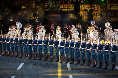 MOSCOW, RUSSIA - SEPTEMBER 2, 2018: Members of the Honour Guard of the Russian Presidential Regiment perform at a ceremony to close the 2018 Spasskaya Tower International Military Music Festival in Moscow s Red Square. Marina Lystseva TASS  TS08EE22