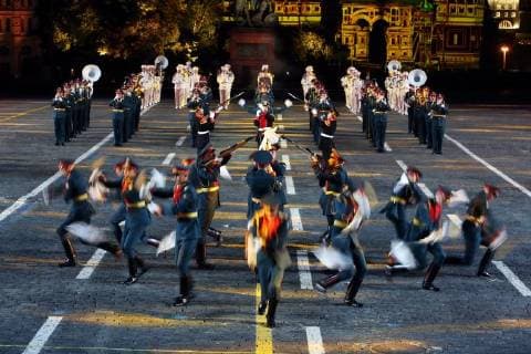 MOSCOW, RUSSIA - SEPTEMBER 2, 2018: Members of the Special Exemplay Military Band of the Russian Honour Guard Battalion perform at a ceremony to close the 2018 Spasskaya Tower International Military Music Festival in Moscow s Red Square. Marina Lystseva TASS  TS08EE23