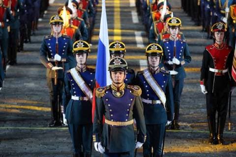 MOSCOW, RUSSIA - SEPTEMBER 2, 2018: Members of the Honour Guard of the Russian Presidential Regiment perform at a ceremony to close the 2018 Spasskaya Tower International Military Music Festival in Moscow s Red Square. Marina Lystseva TASS  TS08EE36