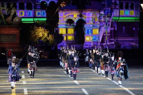 MOSCOW, RUSSIA - SEPTEMBER 2, 2018: Members of the Celtic Massed Pipes and Drums Band perform at a ceremony to close the 2018 Spasskaya Tower International Military Music Festival in Moscow s Red Square. Marina Lystseva TASS  TS08EE38