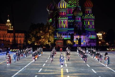 MOSCOW, RUSSIA - SEPTEMBER 2, 2018: Members of the Celtic Massed Pipes and Drums Band perform at a ceremony to close the 2018 Spasskaya Tower International Military Music Festival in Moscow s Red Square. Marina Lystseva TASS  TS08EE39