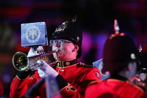 MOSCOW, RUSSIA - SEPTEMBER 2, 2018: Members of Britainâ€™s Brentwood Imperial Youth Band perform at a ceremony to close the 2018 Spasskaya Tower International Military Music Festival in Moscow s Red Square. Marina Lystseva TASS  TS08EE41