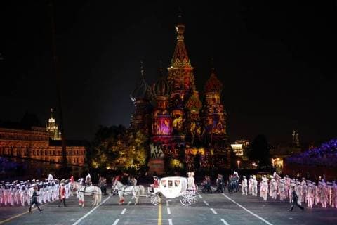 MOSCOW, RUSSIA - SEPTEMBER 2, 2018: A ceremony to close the 2018 Spasskaya Tower International Military Music Festival takes place in Moscow s Red Square. Marina Lystseva TASS  TS08EE43