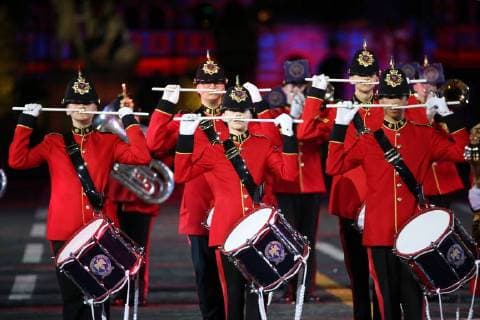 MOSCOW, RUSSIA - SEPTEMBER 2, 2018: Members of Britainâ€™s Brentwood Imperial Youth Band perform at a ceremony to close the 2018 Spasskaya Tower International Military Music Festival in Moscow s Red Square. Marina Lystseva TASS  TS08EE40
