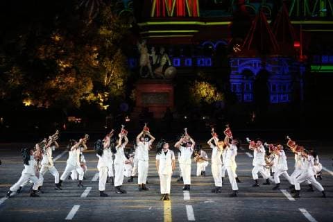 MOSCOW, RUSSIA - SEPTEMBER 2, 2018: Members of Italy s Fanfara Bersaglieri San Dona di Piave perform at a ceremony to close the 2018 Spasskaya Tower International Military Music Festival in Moscow s Red Square. Marina Lystseva TASS  TS08EE44