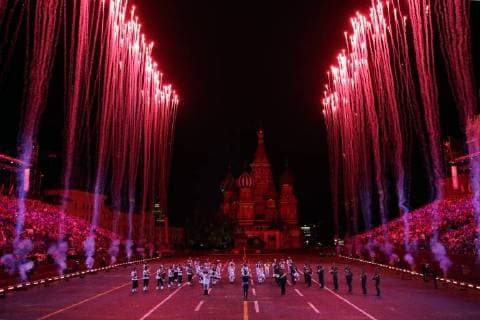 MOSCOW, RUSSIA - SEPTEMBER 2, 2018: Members of the Sri Lankan Military Band perform at a ceremony to close the 2018 Spasskaya Tower International Military Music Festival in Moscow s Red Square. Marina Lystseva TASS  TS08EE4C