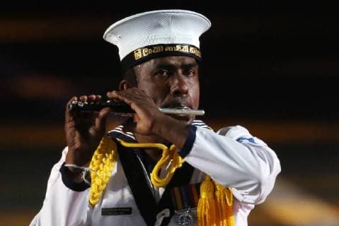 MOSCOW, RUSSIA - SEPTEMBER 2, 2018: A member of the Sri Lankan Military Band performs at a ceremony to close the 2018 Spasskaya Tower International Military Music Festival in Moscow s Red Square. Marina Lystseva TASS  TS08EE4D