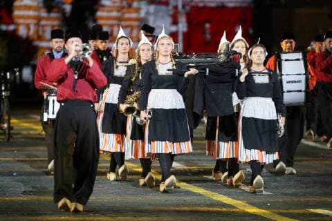 MOSCOW, RUSSIA - SEPTEMBER 2, 2018: Members of the Netherlandsâ€™ Crescendo Bicycle Showband perform at a ceremony to close the 2018 Spasskaya Tower International Military Music Festival in Moscow s Red Square. Marina Lystseva TASS  TS08EE50