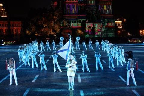 MOSCOW, RUSSIA - SEPTEMBER 2, 2018: Members of the Rimsky-Korsakov Central Concert Band of the Russian Navy perform at a ceremony to close the 2018 Spasskaya Tower International Military Music Festival in Moscow s Red Square. Marina Lystseva TASS  TS08EE4A