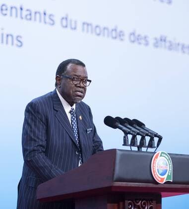 (180903) -- BEIJING, Sept. 3, 2018 -- President of Namibia Hage Geingob delivers a speech at the opening ceremony of the High-level Dialogue Between Chinese and African Leaders and Business Representatives as well as the Sixth Conference of Chinese and African Entrepreneurs in Beijing, capital of China, Sept. 3, 2018. ) CHINA-BEIJING-FOCAC-DIALOGUE-OPENING CEREMONY (CN) LixXueren 