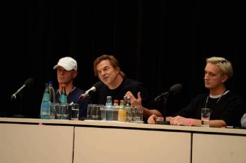 Chemnitz 03 September 2018 Bildinfo v trettmann Campino and Felix Brummer on the podium Press conference to the concert wirsindmore in Chemnitz Press conference to the concert wirsindmehr in Chemnitz With the dead trousers Fine cream fish fillet Trettmann KIZ force club Nura Materia Casper The pr