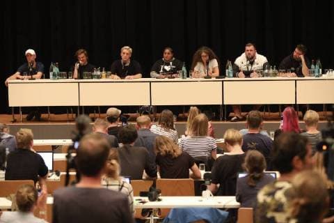Trettmann Campino Felix Brummer Nura Moderator Monchi and Marteria at the press conference for wirsindMore concert against right in the Stadthalle Chemnitz 03 09 2018 Foto:xB.xKriemannx xFuturexImage