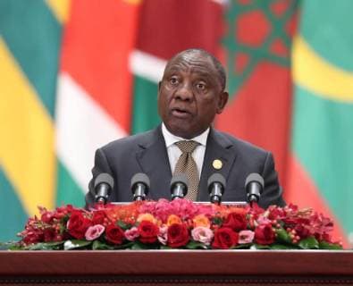 (180903) -- BEIJING, Sept. 3, 2018 -- South African President Cyril Ramaphosa addresses the opening ceremony of the Beijing Summit of the Forum on China-Africa Cooperation (FOCAC) at the Great Hall of the People in Beijing, capital of China, Sept. 3, 2018. Ramaphosa co-chaired the event with Chinese President Xi Jinping. )(lmm) CHINA-BEIJING-FOCAC-SUMMIT-OPENING CEREMONY (CN) LiuxWeibing 