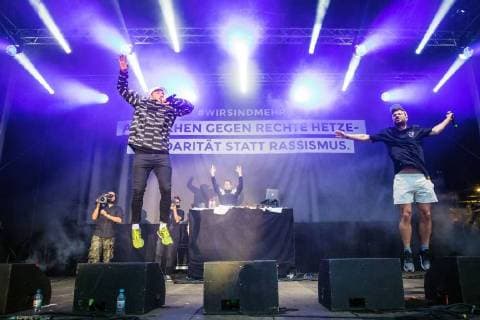 Chemnitz We are more rapper Marteria Marten Laciny and Casper Benjamin Griffey during the concert against right-wing extremism and xenophobia We are more on 03 09 2018 in Chemnitz 20180903SFL0032