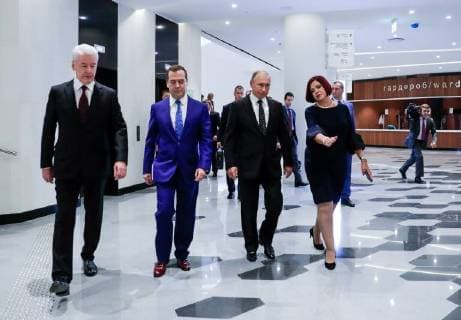 MOSCOW, RUSSIA - SEPTEMBER 8, 2018: Moscow Mayor Sergei Sobyanin, Russia s Prime Minister Dmitry Medvedev, Russia s President Vladimir Putin and Olga Zhukova (L-R), general director of the Zaryadye Concert Hall, attend the opening of the Zaryadye Concert Hall in Moscow s Zaryadye Park. Mikhail Metzel TASS  TS08FA13