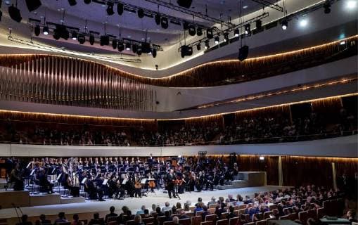 MOSCOW, RUSSIA - SEPTEMBER 8, 2018: Russia s President Vladimir Putin (C) speaks during the opening of the Zaryadye Concert Hall in Moscow s Zaryadye Park. Mikhail Metzel TASS  TS08FA18