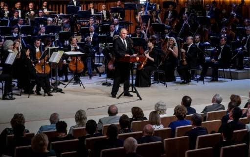 MOSCOW, RUSSIA - SEPTEMBER 8, 2018: Russia s President Vladimir Putin (C) speaks during the opening of the Zaryadye Concert Hall in Moscow s Zaryadye Park. Mikhail Metzel TASS  TS08FA1A