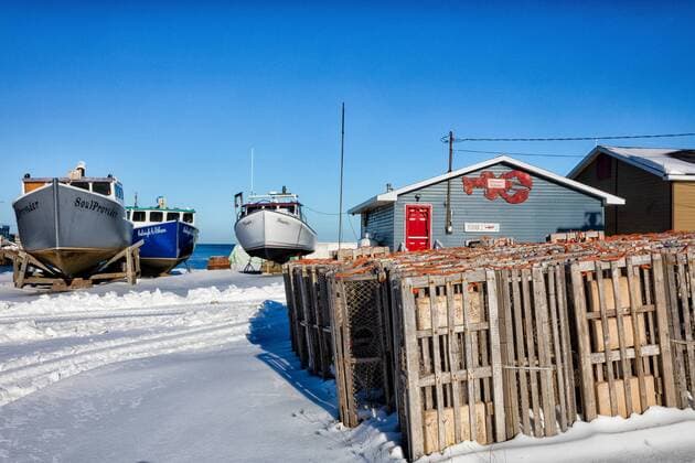 Lobster traps and fishing boat, Glace Bay Harbour, Cape Breton, Nova Scotia, Canada  acp115378 Barrettx&xMackay